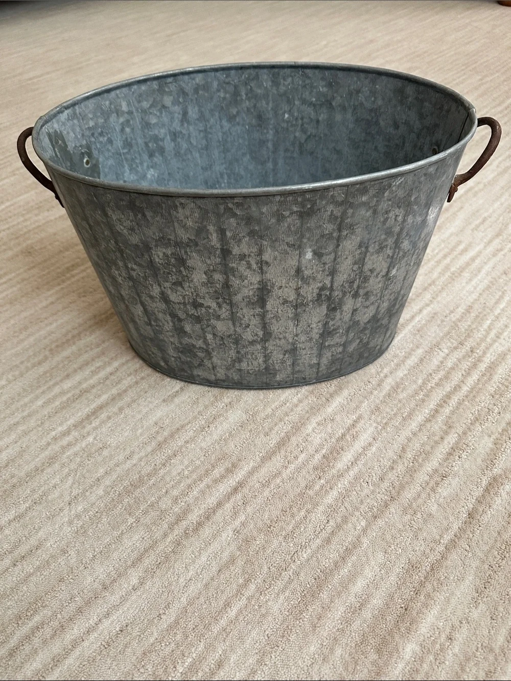Crate & Barrel Beverage Tub Fluted Galvanized Metal Rustic Cooler Oval